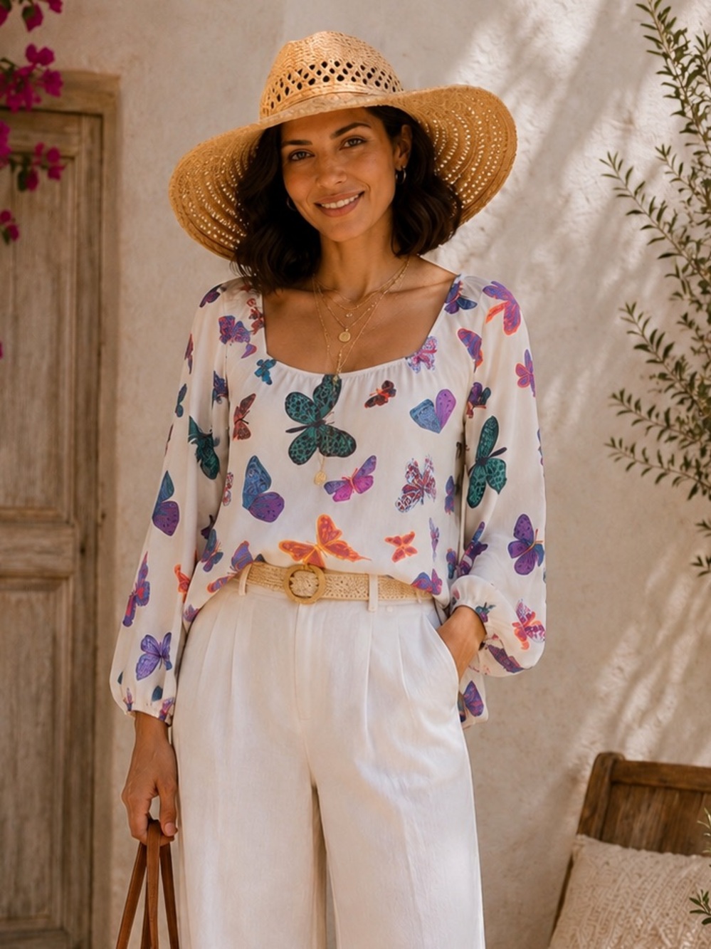 Newbury Kustoms Butterfly Print Tunic Top White Boho Fairycore Y2K Small